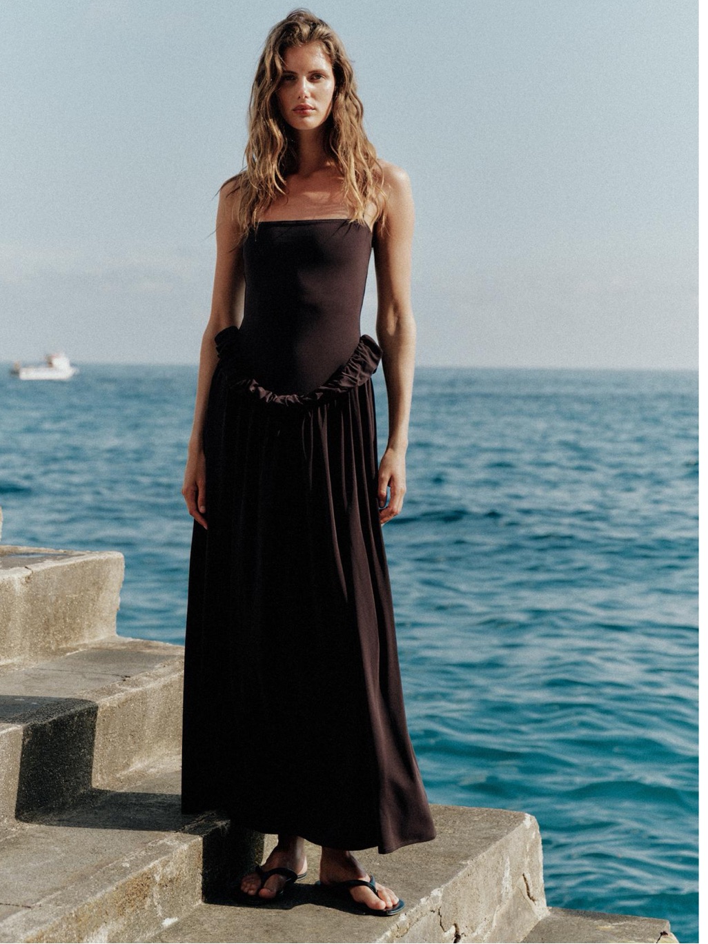 Zara Black Strapless Maxi Skirt With Gathered Waist Detail